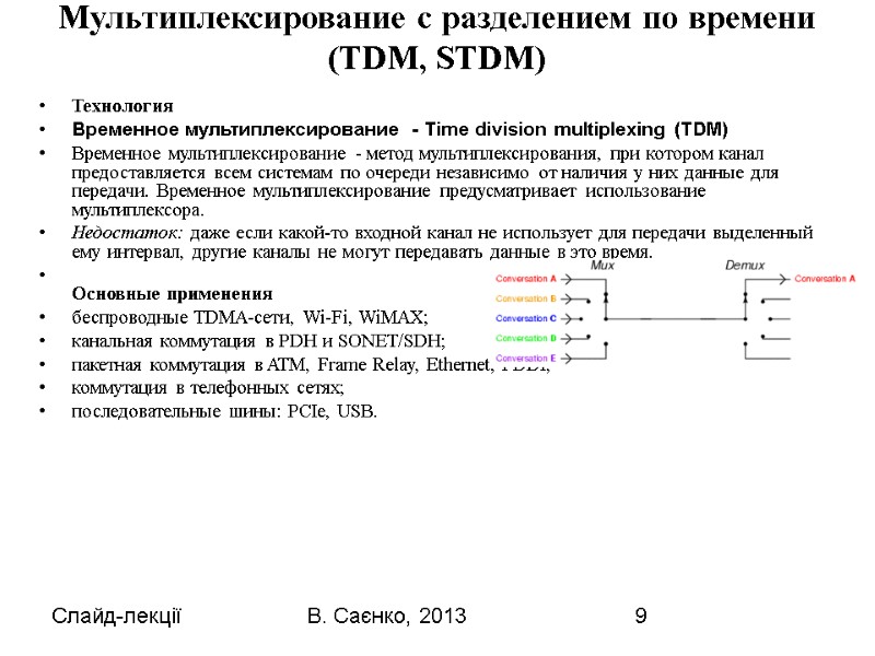Слайд-лекції В. Саєнко, 2013 9 Мультиплексирование с разделением по времени (TDM, STDM)  Технология